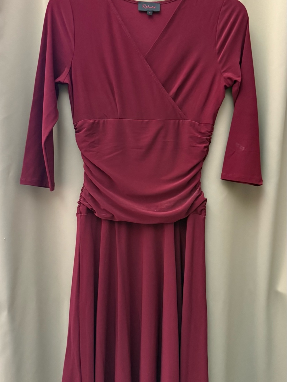 Renuar Burgundy Faux-Wrap Ruched Long Sleeve Maxi Dress